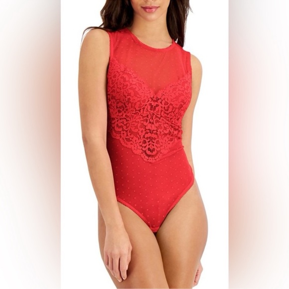 NWT INC INTERNATIONAL CONCEPTS Cupped Swiss Dot Sheer Lace Thong Bodysuit RED - Picture 1 of 8